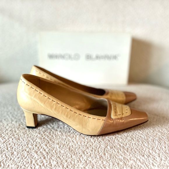 Vintage Manolo Blahnik Beige/Tan Leather Penny Loafer Pumps - Picture 3 of 6